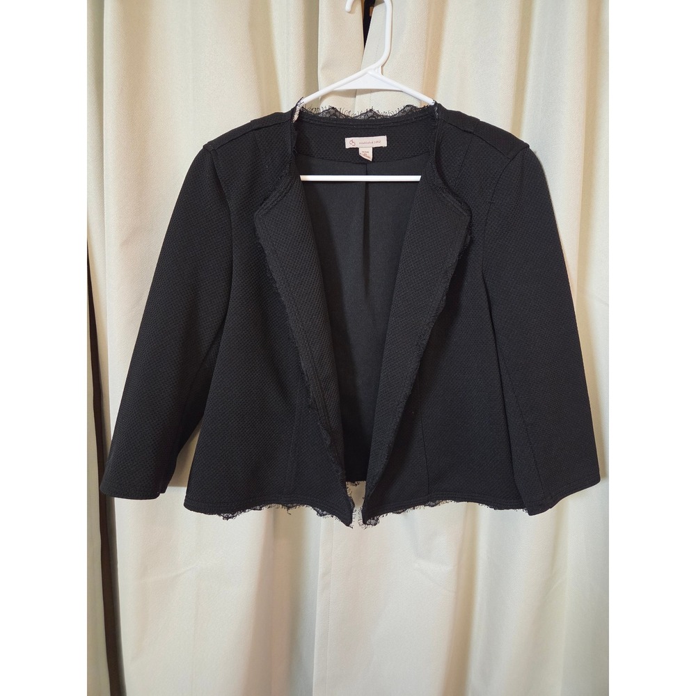 CJ Banks Black Lace Trim Open Front Cropped Blazer Jacket Petite XL Y2K Vintage